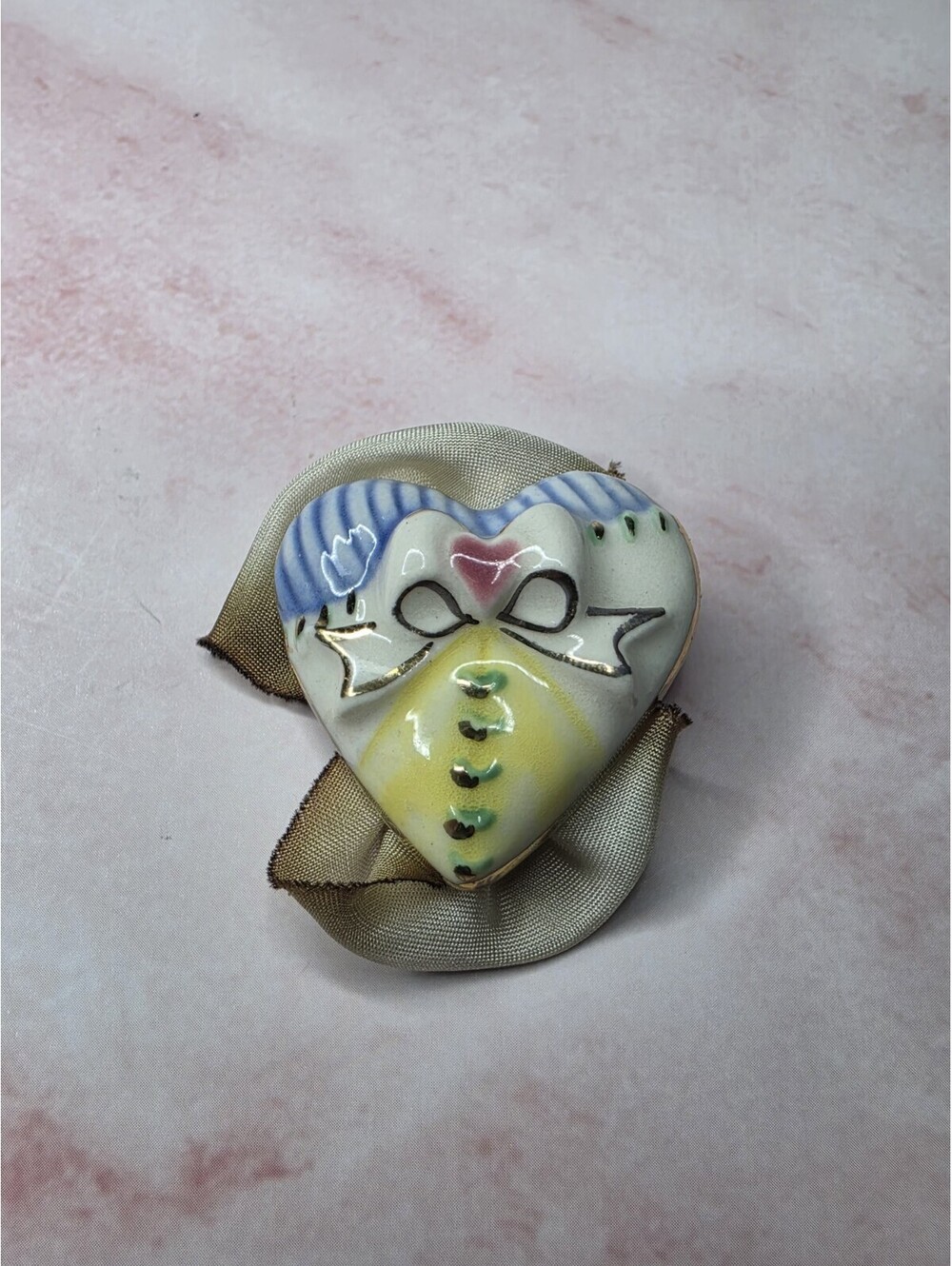 Vintage Ceramic Heart Brooch Pin Cream Fabric Ribbon Bow Accent